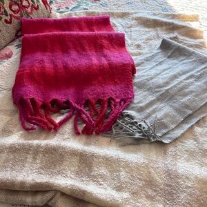 Pink and Gray Fringed Scarves and a Tan & Cream Plaid Wrap Bundle